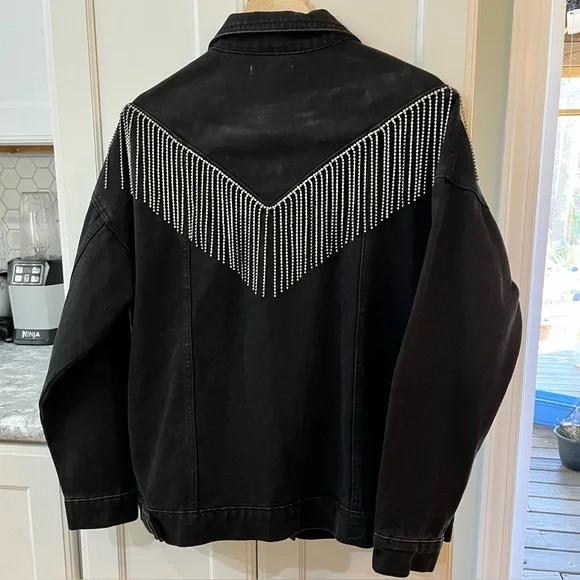 Cowgirl Rhinestone Fringe Black Denim Jacket, VEVERET sz 18. Trucker Glam Biker - Picture 7 of 11